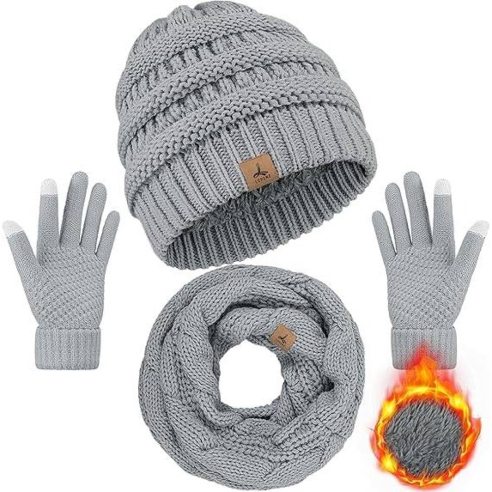 MSRP $20 LOROME Unisex Light Gray Winter Beanie Hat Scarf Gloves Set Warm Fleece